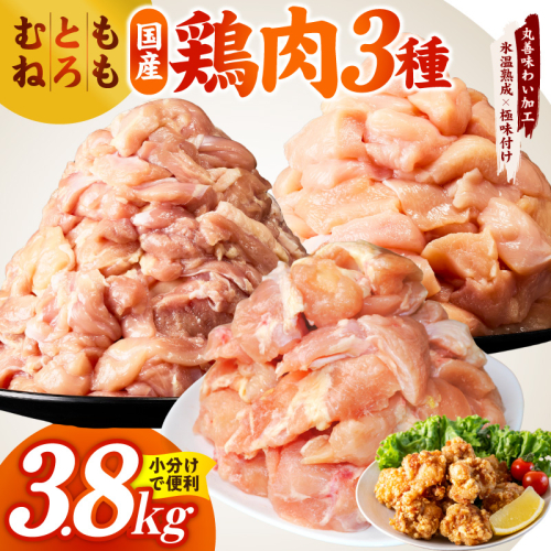 【氷温熟成×極味付け】国産鶏モモ・鶏とろ（肩肉）・鶏むね　3種セット 合計3.8kg【カット済み 氷温熟成×極味付け 小分け 味付き 簡単調理 訳あり サイズ不揃い 鶏肉 もも肉 むね肉  鶏とろ 肩肉 とり】 mrz0401 2529337 - 大阪府泉佐野市