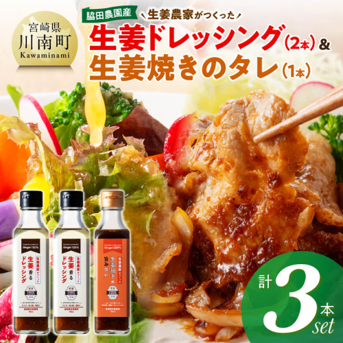 脇田農園産　生姜農家が作った生姜ドレッシング2本＆生姜焼きのタレ1本　計3本セット 【 生姜 ショウガ 国産 宮崎県産 九州産 川南町産 農家直送 しょうが 生姜焼きのたれ ドレッシング 】 2530301 - 宮崎県川南町