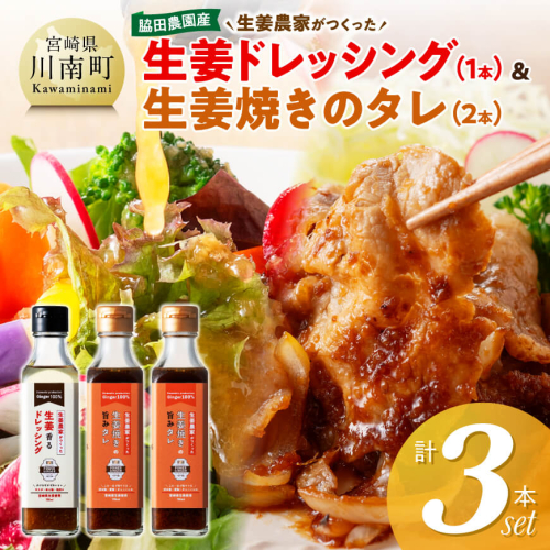 脇田農園産　生姜農家が作った生姜ドレッシング1本＆生姜焼きのタレ2本　計3本セット 【 生姜 ショウガ 国産 宮崎県産 九州産 川南町産 農家直送 しょうが 生姜焼きのたれ ドレッシング 】 2530303 - 宮崎県川南町