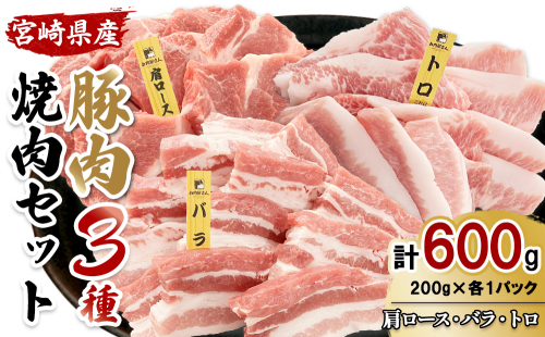 【希少部位・豚トロ入り！】宮崎県産 豚焼肉バラエティセット 600g 真空パック 200gずつの便利な超小分け 2535279 - 宮崎県えびの市