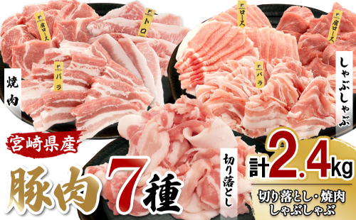 宮崎の旨みを凝縮！豚肉バラエティセット2.4kg（真空パック小分け）切り落とし・しゃぶしゃぶ・焼肉を一度に 2536548 - 宮崎県えびの市