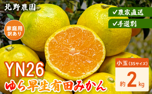DZ6240_【2026年先行受付】家庭用 YN26 ゆら早生 有田みかん 和歌山 訳あり わけあり 小玉(3Sサイズ) 約2kg 2537559 - 和歌山県湯浅町