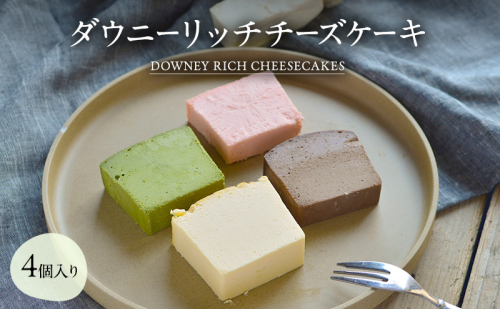 ダウニーリッチチーズケーキ4個入り 洋菓子 スイーツ ケーキ チーズケーキ ベイクド レアチーズ バニラ ラズベリー 抹茶 チョコレート デザート 濃厚 冷凍 セット 食べ比べ 愛知県 日進市 2538299 - 愛知県日進市