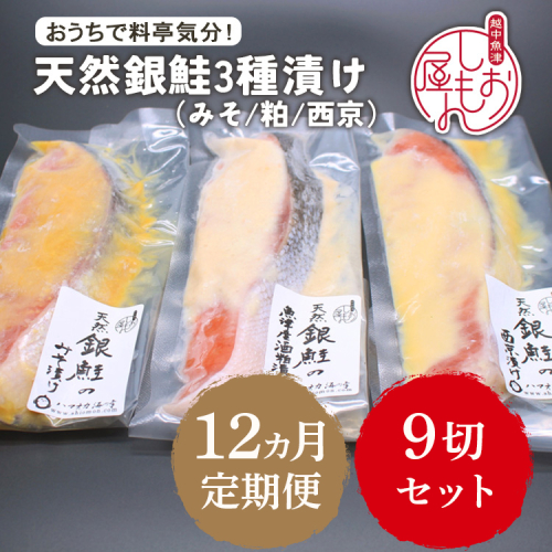 【12ヵ月定期便】【セット】干物屋の天然銀鮭3種ずつセット（西京漬け、味噌漬け、粕漬け）9切セット ※北海道・沖縄・離島への配送不可 2538500 - 富山県魚津市