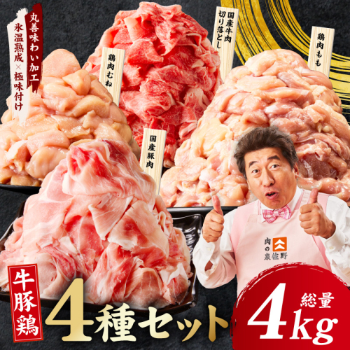 国産 牛豚鶏 4種セット 4kg【氷温熟成×極味付け 牛肉 豚肉 鶏肉 もも むね 食べ比べ 普段使い 味付き 小分け 訳あり サイズ不揃い】 mrz0403 2538722 - 大阪府泉佐野市