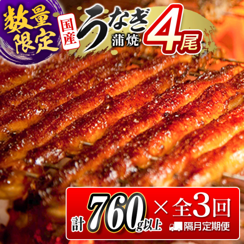 ＜数量限定!!＞特大 うなぎ 定期便 国産 鰻 蒲焼 4尾セット 全3回 隔月定期便（合計2.2kg以上）魚介 贈答品 ギフト ウナギ 期間限定 鰻楽【E193】 2541082 - 宮崎県新富町