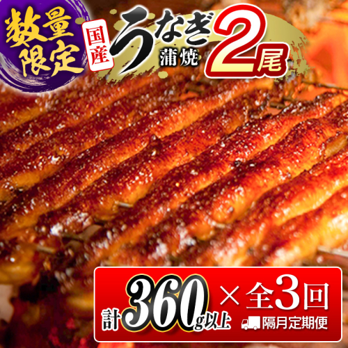 ＜数量限定!!＞うなぎ 定期便 国産 鰻 蒲焼 2尾セット 全3回 隔月定期便（合計1kg以上）魚介 贈答品 ギフト ウナギ 期間限定 鰻楽【E192】 2541083 - 宮崎県新富町