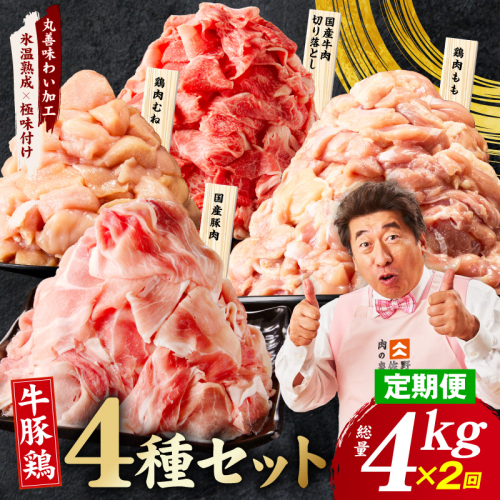 【定期便】国産 牛豚鶏 4種セット 4kg×2回【氷温熟成×極味付け 牛肉 豚肉 鶏肉 もも むね 食べ比べ 普段使い 味付き 小分け 訳あり サイズ不揃い 毎月配送コース】 mrzZ088 2541278 - 大阪府泉佐野市