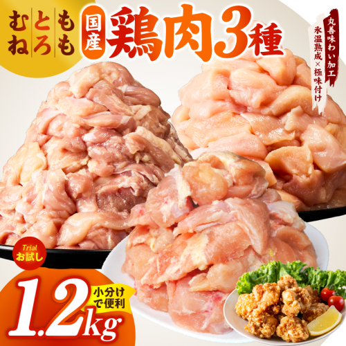 【氷温熟成×極味付け】国産鶏モモ・鶏とろ（肩肉）・鶏むね　3種セット 合計1.2kg【カット済み 氷温熟成×極味付け 小分け 味付き 簡単調理 訳あり サイズ不揃い 鶏肉 もも肉 むね肉  鶏とろ 肩肉 とり】 mrz0410 2564975 - 大阪府泉佐野市