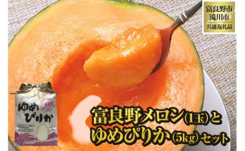 【2026年先行受付】富良野メロン1玉とゆめぴりか5kgセット 北海道 果物 くだもの フルーツ 赤肉メロン 赤肉 米 こめ コメ 精米 単一米 特A ゆめぴりか ブランド米 詰合せ 贈答 ギフト 富良野市 滝川市 コラボ 共通返礼品 2569111 - 北海道滝川市