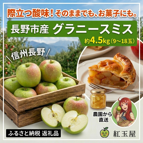 際立つ酸味！ 長野市産 グラニースミス 約4.5kg （お菓子作り・酸っぱいりんご好き専用） 希少品種 林檎 クッキングアップル 2573280 - 長野県長野市