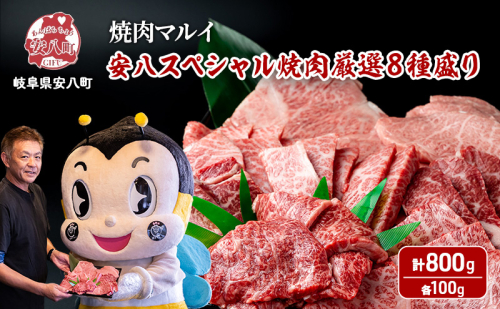 安八スペシャル 焼肉 厳選 8種盛り（トモサンカク、カイノミ、ササニク、三角バラ、ミスジ、ハネシタ、ヒレ、ロース）約800g（各約100g）A4～A5等級使用 肉 牛 牛肉 お肉 国産 和牛 国産牛 BBQ 冷蔵 お取り寄せ 送料無料 焼肉マルイ 岐阜県 安八町 2573593 - 岐阜県安八町