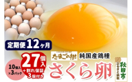《定期便12ヶ月》 たまごの樹 純国産鶏種 卵『さくら』27個+割れ保証3個付き（10個入×3パック） [たまご タマゴ 玉子 鶏卵 まとめ買い オムレツ 卵かけご飯 朝食 料理 美味しい 瀧田養鶏場]