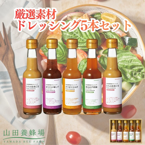 厳選素材ドレッシング5本セット（とろみ焙煎ごま、まろやか梅しそ、ざく切り玉ねぎ、香るゆず胡椒、芳醇ねぎしょうが）（20963）【006-a152】｜ドレッシング ドレッシングセット 調味料 詰め合わせ 食べ比べ  ごま 梅しそ 玉ねぎ ゆず胡椒 ねぎしょうが 岡山県 鏡野町 2577024 - 岡山県鏡野町
