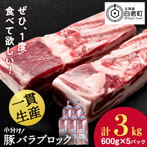 北海道産 白老豚 バラ ブロック 600g×5パック 豚 豚肉 白老 北海道 焼肉 2579157 - 北海道白老町