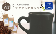 【定期便：12ヶ月連続でお届け】シングルオリジンコーヒー 100g × 3品種（中挽き）計300g×12ヶ月 1075029 コーヒー 珈琲 粉