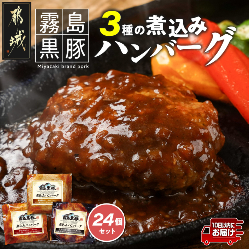 霧島黒豚 3種の煮込みハンバーグ 24個セット (デミグラスソース仕立て・和風おろしソース仕立て・大人の照焼きソース仕立て)≪みやこんじょ特急便≫_AC-28-001-24-Q 2586908 - 宮崎県都城市