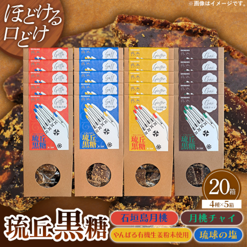琉丘黒糖 4種×5箱 【計20箱入り】 - 黒糖 フレーバー 月桃 塩 生姜 ジンジャー チャイ 水あめ不使用 植物原料のみ 人気 おすすめ 無添加 食べ比べ 自然の恵み プレゼント おすそ分け 沖縄県 八重瀬町 2588872 - 沖縄県八重瀬町