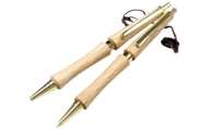 D-1228 ハンドメイドシャープペンシル＆ボールペン（ノック式）コナラ 2本セット ［金属部分：クローム］