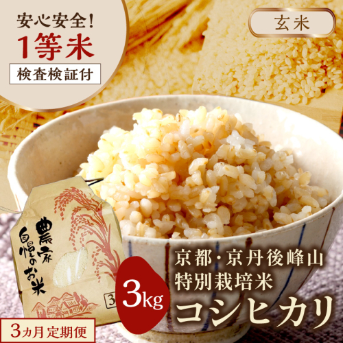 【3ヶ月定期便】2026年産 京都・京丹後峰山 特別栽培米コシヒカリ 3kg 【玄米】 1等米 検査済証付　ふるさと納税 米 玄米 定期便 京都 コシヒカリ 特別栽培 ふるさと納税 玄米 定期便
 2592966 - 京都府京丹後市
