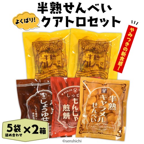 半熟せんべい 5袋詰合せ×2箱(10袋) クアトロセット 半熟カレーせん 半生しょうゆせん 半熟もんじゃ煎餅 半熟キャラメルせんべい カレー味 かつおだし 甘辛ソース 新食感 もんじゃ ぬれせんべい 煎餅 煎餅屋仙七 [AO009sa] 2607588 - 茨城県桜川市