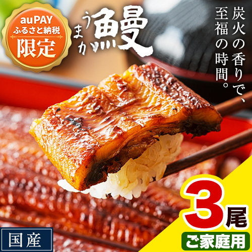 【三太郎の日限定】うなぎ ご家庭用 3尾 国産 鰻 丑の日 真空パック おすすめ うなぎの蒲焼 《30日以内に出荷予定(土日祝除く)》 有頭 ふるさとのうぜい 簡易包装 不揃い 規格外 ウナギ unagi 蒲焼 秋 旬 配送時期 冷凍 2607620 - 熊本県御船町