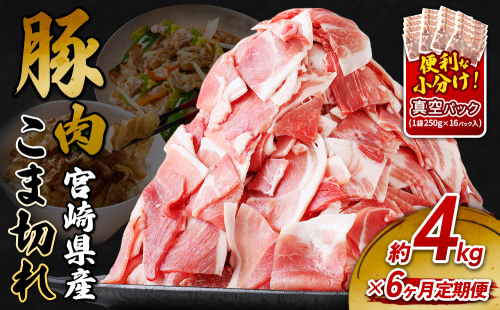 定期便 6回お届け 宮崎県産 いもこ豚 小間切れ 4kg (250g×16パック) 真空パック 小分け 豚肉 えびの市 2607793 - 宮崎県えびの市