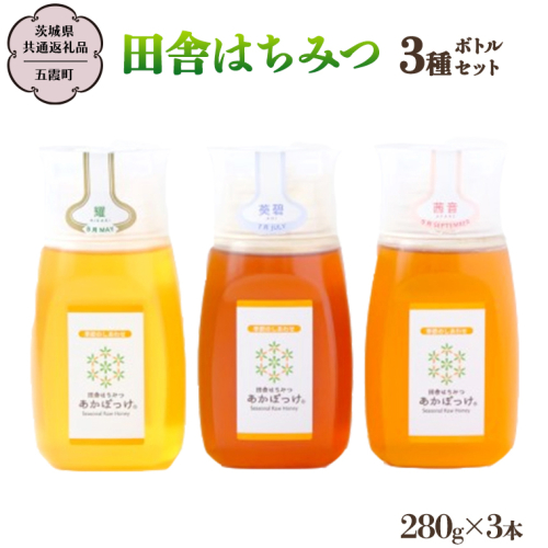 季節で移ろう 田舎 はちみつ ボトル 3種 セット [ピタッとボトルB3] 【茨城県共通返礼品／五霞町】   280g×3 ボトル 生ハチミツ 非加熱 国産 国産はちみつ ハチミツ 茨城県産 [BS008sa] 2609483 - 茨城県桜川市