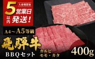 [5営業日以内発送]飛騨牛 A4~A5等級 飛騨牛 BBQセット 計400g (カルビ+もも・カタ焼肉用) 岐阜県産 A4 A5 焼肉 詰め合わせ 黒毛和牛 カルビ もも かた 赤身 牛肉 牛 国産 お取り寄せ 自宅用 和牛 小分け 最短発送 肉のひぐち