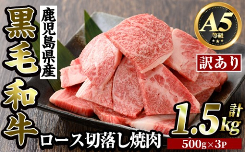 K-321-B ＜訳あり・不揃い＞鹿児島県産黒毛和牛＜A5等級＞ロース切り落とし焼肉(計1.5kg・500g×3P)【ビーフ倉薗】霧島市 牛肉 ヤキニク 焼き肉 国産 鹿児島県産 黒毛和牛 肉 精肉 牛 2613118 - 鹿児島県霧島市