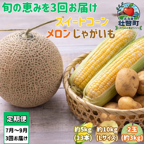 【先行予約】【3回定期便】赤肉メロン2玉＋スイートコーン約5kg(13本)＋じゃがいも(とうや)約10kg 旬のフルーツ・野菜定期便＜7月下旬・8月上旬・9月下旬お届け＞ SBTN014 2613958 - 北海道壮瞥町