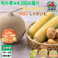【2027年発送】【3回定期便】赤肉メロン2玉＋スイートコーン約5kg(13本)＋じゃがいも(とうや)約10kg 旬のフルーツ・野菜定期便＜7月下旬・8月上旬・9月下旬お届け＞ SBTN014