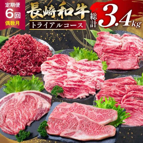 AJ669 【6回定期便】長崎和牛 トライアルコース [ 長崎和牛 和牛 お肉 肉 牛 牛肉 国産 ステーキ 焼肉 もも ロース すき焼き しゃぶしゃぶ サーロイン カルビ ミンチ ひき肉 水田精肉店 長崎県 島原市 ] 2617315 - 長崎県島原市