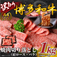 B395.訳あり！【A4～A5】博多和牛焼肉切り落とし（肩ロース・バラ）約1kg（500g×2）【博多和牛】