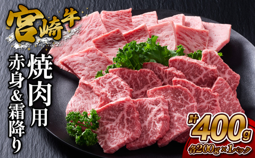 【宮崎牛】焼肉 赤身（ウデ又はモモ）＆霜降り（肩ロース又はロース） 400g(各200g×1P 計2P) 真空パック 冷凍 2620189 - 宮崎県えびの市