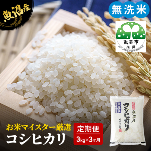 無洗米 定期便 3ヶ月 コシヒカリ 3kg 米 白米 お米 魚沼産コシヒカリ 新潟米 新潟 魚沼市 定期 3回 2627508 - 新潟県魚沼市