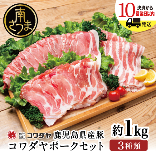 鹿児島産 豚肉3種 約1kg（バラ／肩ロースしゃぶしゃぶ／ロース生姜焼き）国産 鹿児島県産 豚肉 豚しゃぶ しゃぶしゃぶ すき焼き ロース スライス うす切り肉 薄切り お取り寄せ かごしま グルメ 鍋 鹿児島県 南さつま市 株式会社コワダヤ 2638023 - 鹿児島県南さつま市