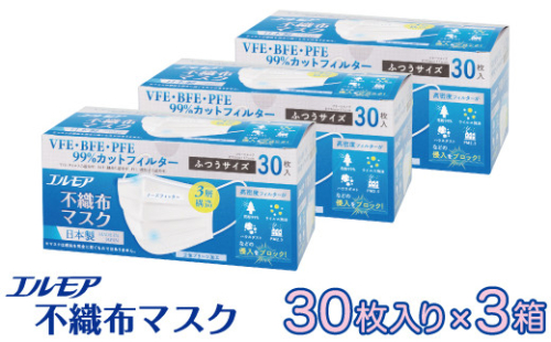 エルモア  マスク 不織布 日本製 国産 普通 ふつう サイズ 30枚 3箱 90枚 3層 日用品 消耗品 備蓄 防災 送料無料 愛媛県 【四国中央市 日本一 紙のまち】