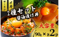 2種 醤油 漬け丼 90g×各2パック サーモン イカ 烏賊 鮭 さけ しゃけ 切り身 特製 づけ丼 丼 海鮮丼 刺し身 刺身 切身 手軽 便利 ご飯のお供 簡単調理 時短 海鮮 魚介 惣菜 冷凍 小分け 大容量 ふるさと納税 人気 ふるさと納税漬け丼 ふるさと納税海鮮丼 TY087