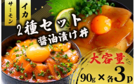 2種 醤油 漬け丼 90g×各3パック サーモン イカ 鮭 シャケ 烏賊 切り身 特製 づけ丼 丼 海鮮丼 刺し身 刺身 切身 手軽 便利 ご飯のお供 簡単調理 時短 海鮮 魚介 惣菜 冷凍 小分け 大容量 ふるさと納税 人気 ふるさと納税漬け丼 ふるさと納税海鮮丼 TY088