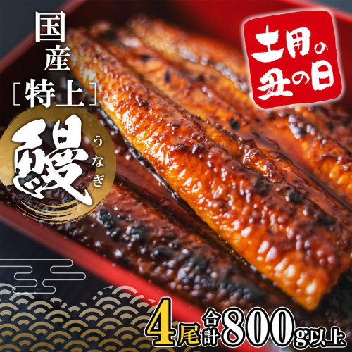 【土用の丑の日までにお届け】 特上うなぎ 蒲焼 4尾 800g以上 国産 鰻 人気 うなぎ蒲焼き うな重 簡易袋 魚 魚介 ギフト K2356 2650052 - 茨城県境町