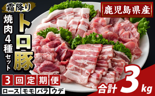 K-379-D ＜3回定期便＞鹿児島県産霜降りトロ豚 焼肉用バラエティセット(計3kg)【ふるさと産直バザール】霧島市 ロース バラ ウデ モモ 焼き肉 ヤキニク 豚肉 国産 鹿児島県産 肉 精肉 小分け セット 食べ比べ 定期便 2650053 - 鹿児島県霧島市