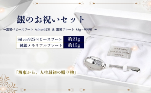 銀のお祝いセット　～銀製ベビースプーン（silver925）＆銀製プレート（Ag−9999）～ ／ ベビースプーン 銀製ベビースプーン silver925 純銀プレート メモリアルプレート 名入れ 出産祝い 誕生記念 初孫ギフト お食い初め 記念品 オーダーメイド シルバーギフト 高級感 刻印 ギフトセット 赤ちゃん 記念ギフト 贈答用 茨城県 No.905 2652483 - 茨城県坂東市