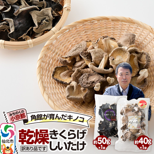 訳あり出汁取り用乾燥しいたけ 約40g×1袋、訳あり乾燥きくらげ 約50g×1袋（計2袋）お得セット [しいたけ 椎茸 シイタケ エノキ きくらげ 木耳 キクラゲ 出汁取り 乾燥 乾物 訳あり 秋田県 仙北市 角館] 2654904 - 秋田県仙北市