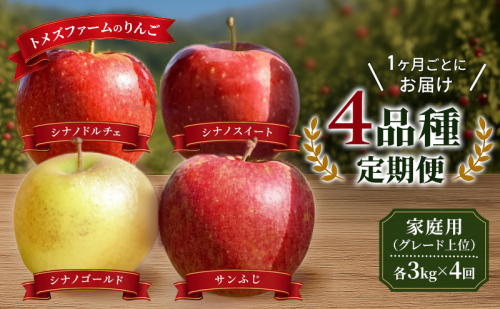 【先行予約／8月下旬まで】りんご（家庭用グレード上位） 4品種定期便　各約3kg×4回 9月～12月　旬りんご発送　トメズファーム　りんご　長野　信州　小諸　果物　フルーツ 2656230 - 長野県小諸市