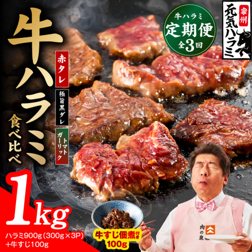 【食べ比べ定期便】牛ハラミ 1kg×全3回【牛肉 はらみ 小分け 焼肉 お弁当 BBQ 訳あり ワケアリ わけあり サイズ不揃い 規格外 TVで話題】 099Z585 2659155 - 大阪府泉佐野市