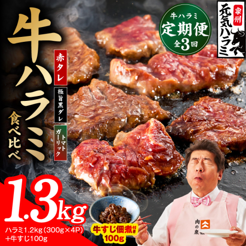 【食べ比べ定期便】牛ハラミ 1.3kg×全3回【牛肉 はらみ 小分け 焼肉 お弁当 BBQ 訳あり ワケアリ わけあり サイズ不揃い 規格外 TVで話題】 099Z586 2659156 - 大阪府泉佐野市