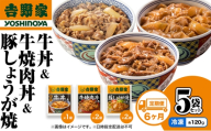 【定期便 6か月】吉野家 牛丼&牛焼肉丼&豚しょうが焼 5袋セット（冷凍） 牛丼 レトルト 非常食 防災食 お楽しみ 新潟