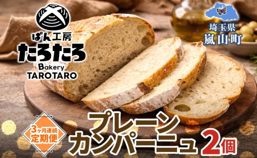 定期便 3ヶ月連続 ぱん工房たろたろ プレーンカンパーニュ 2個 カンパーニュ パン プレーン 自然な甘み シンプル 小麦 農林61号 濃厚 芳醇 香り もっちり 食感 ハード系 柔らかめ 埼玉県 嵐山町 2659808 - 埼玉県嵐山町