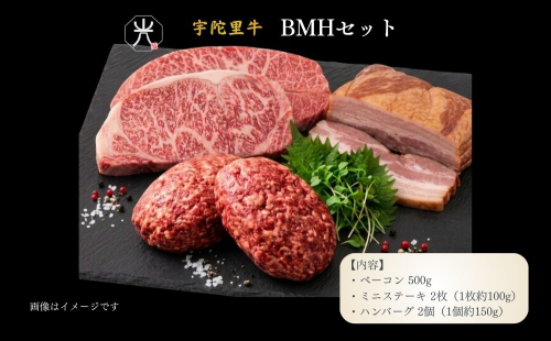 宇陀里牛 BMHセット（ベーコン500g・ミニステーキ2枚・ハンバーグ2個） ／ ふるさと納税 国産 黒毛和牛 牛肉 ステーキ バーベキュー BBQ キャンプ お中元 暑中見舞い お土産 お歳暮 正月 奈良県 宇陀市 光福久屋 2660164 - 奈良県宇陀市